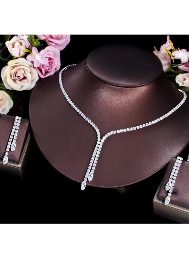 Bahels Silver Plated Zircon Stone Rhinestone Waterway Necklace Earring Set Bridal Set Party Invitation Set - Image 4